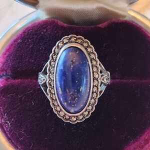 Elegant Blue Lapis Lazuli, Marcasite & Silver 925 Ring Size 6.5